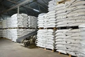 Stacks of bags in warehouse