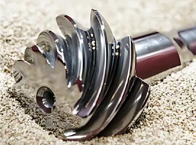 Metallic drill bit on sandy surface