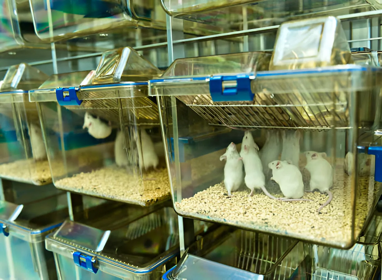 Mice in transparent laboratory containers.