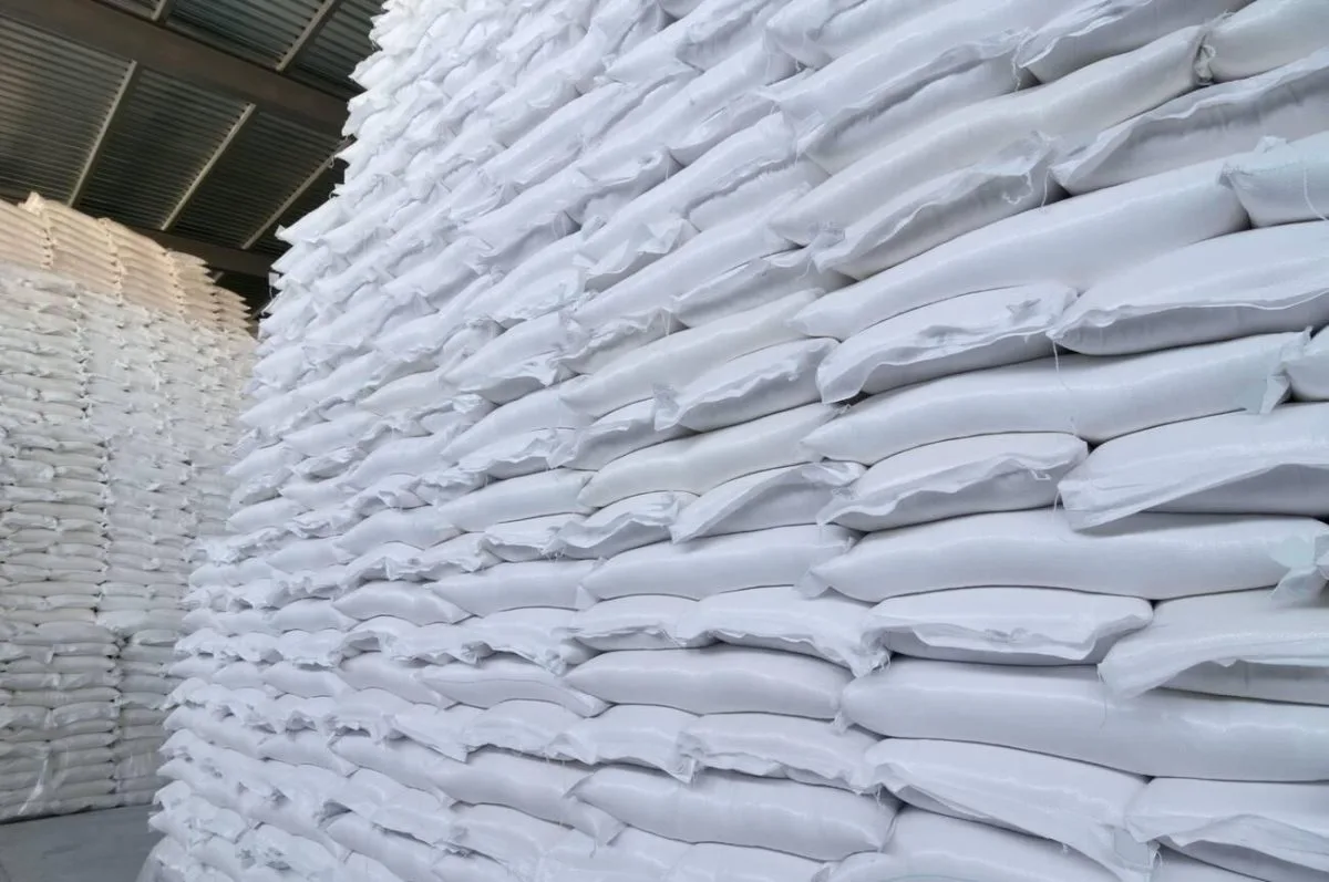 Stacks of white packaged bags