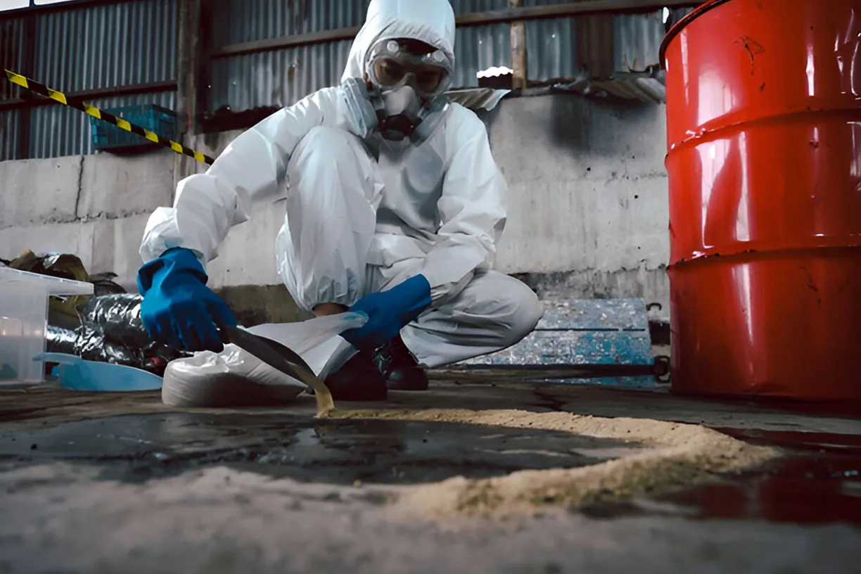 Person in protective suit working indoors.